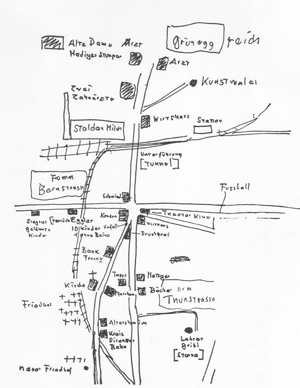 Schematischer Plan von Konolfingen mit literarischen Motiven und Stoffen, um 1960