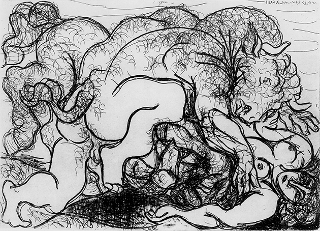 Pablo Picasso, Minotaure attaquant une amazone, 1933, Radierung auf Papier, 34 x 45 cm, Depositum der Gottfried Keller-Stiftung, Kunstmuseum Bern, © 2013 ProLitteris, Zürich