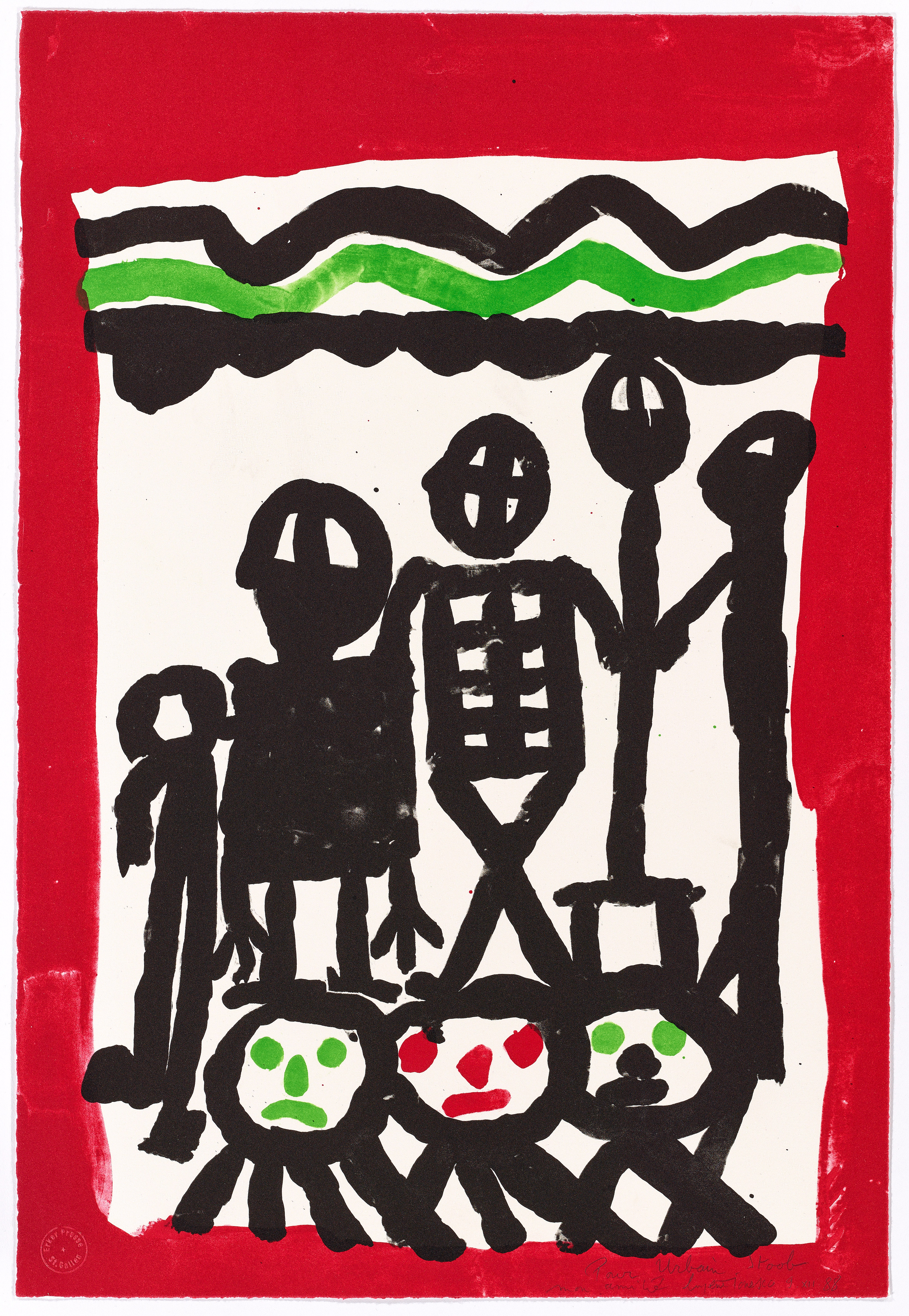 Eugène Ionesco, Vivants entourant un squelette, 1988, lithographie, 56 x 38 cm © Marie-France Ionesco