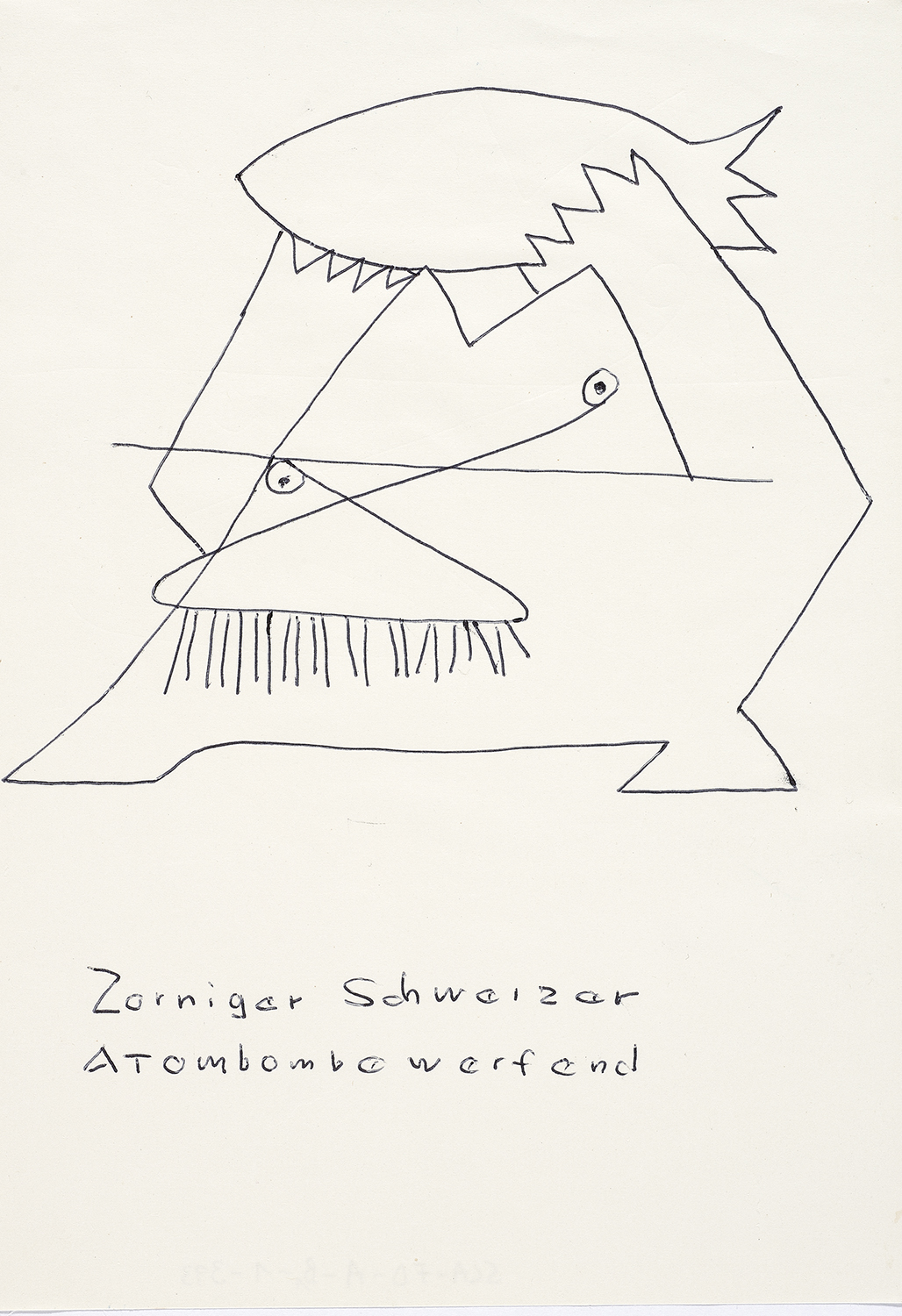 Friedrich Dürrenmatt, Suisse en colère jetant une bombe atomique I, stylo-à-bille sur papier, 20.9 x 14.4 cm, collection Centre Dürrenmatt Neuchâtel, © CDN/Confédération suisse