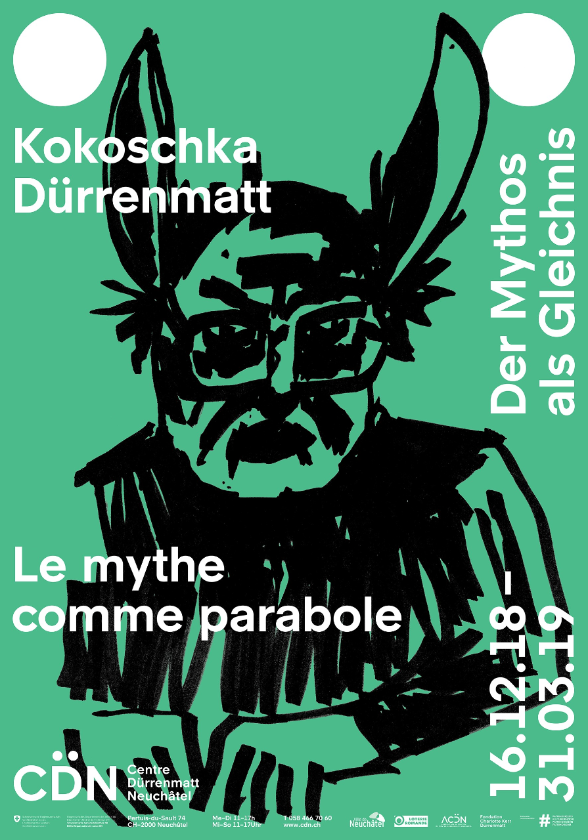 Graphisme : onlab.ch. Image : Friedrich Dürrenmatt, F.D. se métamorphosant en Midas-Green V, 1984, feutre sur papier, 29,7 x 21 cm, CDN